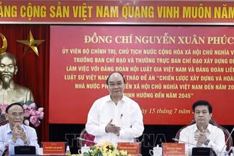 Chủ tịch nước Nguyễn Xuân Phúc phát biểu tại buổi làm việc. (Ảnh: THỐNG NHẤT/TTXVN)