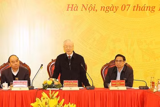 Tổng Bí thư Nguyễn Phú Trọng phát biểu chỉ đạo hội nghị. (Ảnh TTXVN )