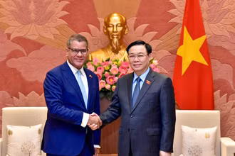 Chủ tịch Quốc hội Vương Đình Huệ và Chủ tịch COP26 Alok Kumar Sharma tại buổi tiếp.