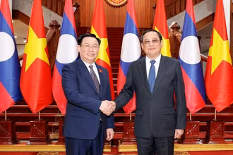 Chủ tịch Quốc hội Vương Đình Huệ hội kiến Thủ tướng Chính phủ Lào Sonexay Siphandone. (Ảnh: TTXVN)
