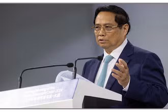 Thủ tướng Phạm Minh Chính phát biểu tại Phiên toàn thể. (Ảnh: WEF)
