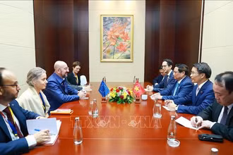Thủ tướng Phạm Minh Chính gặp Chủ tịch Hội đồng châu Âu Charles Michel. (Ảnh: Dương Giang/TTXVN)