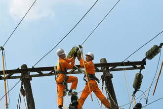 Công nhân Điện lực sửa chữa, bảo dưỡng đường dây trung thế.