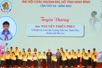 Đồng chí Mai Văn Tuất, Phó Bí thư Thường trực Tỉnh ủy, Chủ tịch Hội đồng nhân dân tỉnh Ninh Bình và đồng chí Lê Hải Long, Trưởng Ban Công tác Thiếu nhi Trung ương Đoàn, Phó Chủ tịch Thường trực Hội đồng Đội Trung ương trao tặng Giấy chứng nhận và biểu trưng Cháu ngoan Bác Hồ cho các đội viên thiếu nhi tiểu biểu của tỉnh Ninh Bình. 