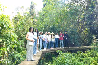 Du khách trẻ tham quan, trải nghiệm dưới tán rừng tràm xanh mướt tại Xẻo Quít, khu “căn cứ lòng dân”. (Ảnh: HỮU NGHĨA)
