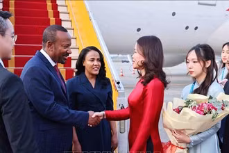 Thứ trưởng Ngoại giao Nguyễn Minh Hằng đón Thủ tướng Ethiopia Abiy Ahmed Ali và Phu nhân tại Sân bay quốc tế Nội Bài. (Ảnh: Minh Đức/TTXVN)