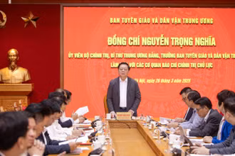 Đồng chí Nguyễn Trọng Nghĩa, Ủy viên Bộ Chính trị, Bí thư Trung ương Đảng, Trưởng Ban Tuyên giáo và Dân vận Trung ương chủ trì buổi làm việc với năm cơ quan báo chí chính trị chủ lực. (Ảnh: SƠN TÙNG)