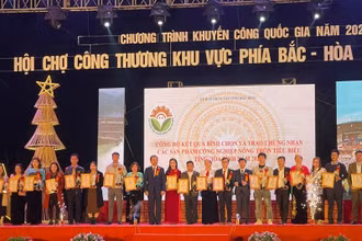 Lãnh đạo tỉnh Hòa Bình trao chứng nhận các sản phẩm công nghiệp nông thôn tiêu biểu năm 2022.