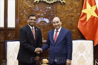 Chủ tịch nước Nguyễn Xuân Phúc tiếp Đại sứ Srilanka Prasanna Gamage. (Ảnh: TTXVN)