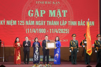 Phó Chủ tịch nước Võ Thị Ánh Xuân trao Huân chương Lao động hạng Nhất của Chủ tịch nước tặng Đảng bộ, chính quyền, nhân dân tỉnh Bắc Kạn. (Ảnh: TUẤN SƠN)