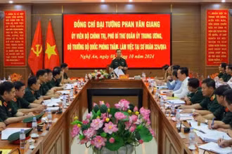 Quang cảnh buổi làm việc của Đoàn công tác tại Sư đoàn 324, Quân khu 4.