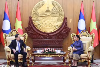 Chủ tịch Quốc hội Trần Thanh Mẫn gặp Phó Chủ tịch nước CHDCND Lào Pany Yathotou. (Ảnh: Thống Nhất/TTXVN)