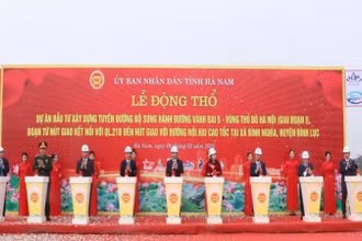 Các đồng chí lãnh đạo tỉnh Hà Nam bấm nút động thổ dự án tuyến đường bộ song hành Vành đai 5.