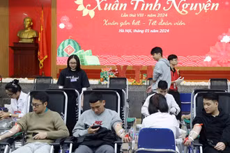 Các tình nguyện viên tham gia hiến máu tại Viện Huyết học-Truyền máu Trung ương. (Ảnh HẢI YẾN)