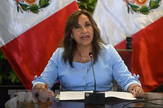 Tổng thống Peru Dina Boluarte phát biểu tại cuộc họp báo ở Lima ngày 10/2/2023. (Ảnh: AFP/TTXVN)