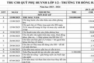 Các khoản thu đầu năm học lớp 1/2.