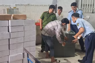 Lực lượng chức năng tỉnh Bình Dương kiểm tra số hàng hóa vi phạm trên địa bàn.
