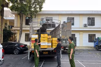 Đối tượng cùng phương tiện và tang vật tại cơ quan Công an.