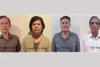 4 bị can (từ trái qua): Trần Ngọc Thuận, Nguyễn Thị Hồng, Võ Sỹ Lực, Trần Thoại.