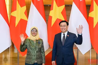Chủ tịch Quốc hội Vương Đình Huệ và Tổng thống Cộng hòa Singapore Halimah Yacob tại buổi tiếp.
