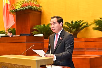 Chủ nhiệm Ủy ban Tài chính-Ngân sách của Quốc hội Lê Quang Mạnh trình bày báo cáo thẩm tra trong phiên họp sáng 26/5. (Ảnh: DUY LINH)