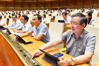 Các đại biểu Quốc hội biểu quyết thông qua Luật Lưu trữ (sửa đổi). (Ảnh: THỦY NGUYÊN)