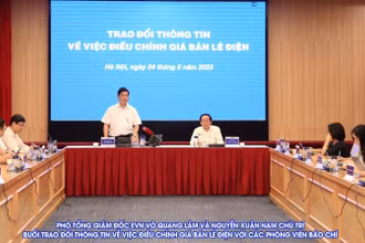 Phó Tổng Giám đốc EVN Võ Quang Lâm và Nguyễn Xuân Nam chủ trì buổi trao đổi thông tin về việc điều chỉnh giá bán lẻ điện với các phóng viên báo chí