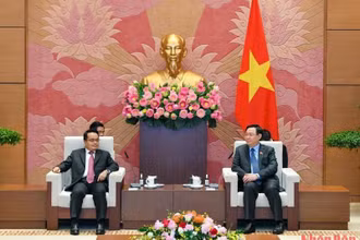 Chủ tịch Quốc hội Vương Ðình Huệ tiếp Chủ tịch Kiểm toán Lào Viengthavisone Thephachanh. (Ảnh: DUY LINH)