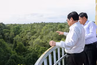 Thủ tướng Phạm Minh Chính và đoàn công tác khảo sát Khu Bảo tồn thiên nhiên đất ngập nước Lung Ngọc Hoàng. (Ảnh: Nhật Bắc)