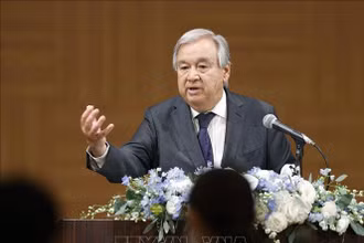 Tổng Thư ký LHQ Antonio Guterres phát biểu tại cuộc họp báo ở Hiroshima, Nhật Bản, ngày 6/8/2022. (Ảnh: Kyodo/ TTXVN)