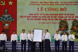Đồng chí Trần Thanh Mẫn trao Nghị quyết của Ủy ban Thường vụ Quốc hội công nhận thị xã Tịnh Biên thuộc tỉnh An Giang.