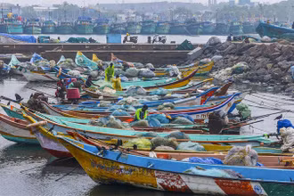 Tàu thuyền vào bờ trước khi bão đổ bộ. Ảnh: PTI