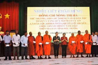 Đồng chí Nông Thị Hà và đồng chí Hồ Thị Cẩm Đào-Phó Bí thư Thường trực Tỉnh ủy tặng quà cho các vị Hòa thượng, Thượng tọa, sư sãi, người có uy tín của tỉnh Sóc Trăng.