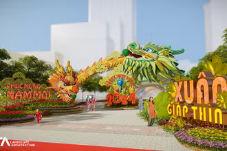 Phối cảnh cổng chào Đường hoa Nguyễn Huệ Tết 2024 với “Lưỡng Long triều liên”. 