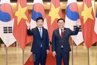 Chủ tịch Quốc hội Vương Đình Huệ và Chủ tịch Quốc hội Hàn Quốc Kim Jin-pyo chụp ảnh chung. (Ảnh: Doãn Tấn/TTXVN).