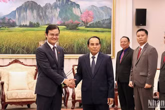 Phó Chủ tịch nước Lào Bounthong Chitmany tiếp Đoàn đại biểu cấp cao Trung ương Đoàn TNCS Hồ Chí Minh. (Ảnh: Trịnh Dũng)