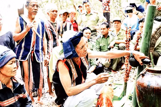 Già làng Siu Tơr cùng bà con thực hiện nghi lễ cúng thần Rừng.