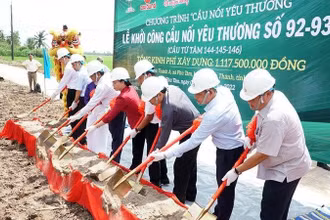 Lãnh đạo tỉnh Sóc Trăng và các nhà tài trợ thực hiện nghi thức khởi công cụm cầu nông thôn.