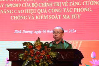 Đại tá Trần Văn Chính, Phó Giám đốc Công an tỉnh Bình Dương phát biểu ý kiến tại hội nghị. 