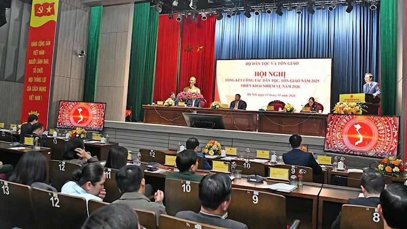 Toàn cảnh hội nghị Tổng kết công tác dân tộc, tôn giáo năm 2025 và triển khai nhiệm vụ năm 2026.