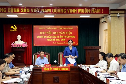 Đồng chí Hà Thị Nga, Ủy viên Trung ương Đảng, Bí thư Tỉnh ủy, Trưởng Đoàn đại biểu Quốc hội tỉnh Tuyên Quang phát biểu tại cuộc họp.