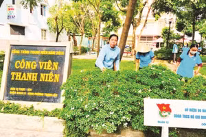 Bà con trong khu phố tự quản, dọn dẹp công viên Thanh niên để bảo đảm xanh, sạch, đẹp hằng ngày.