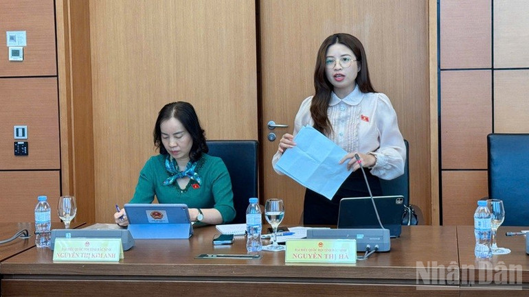 Đại biểu Nguyễn Thị Hà (Bắc Ninh) phát biểu thảo luận tại Tổ 13. (Ảnh: TRUNG HƯNG) ndo_br_d6fcd46519505f2.jpg
