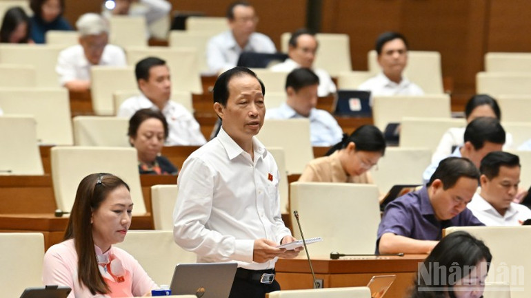 Đại biểu Nguyễn Trúc Sơn (Đoàn Bến Tre) phát biểu. (Ảnh: THỦY NGUYÊN) ndo_br_nguyen-truc-son-ben-tre-46.jpg