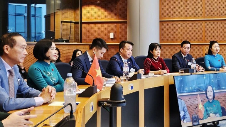 Phó Chủ tịch Quốc hội Nguyễn Thị Thanh và Đoàn đại biểu Quốc hội Việt Nam làm việc với Phó Chủ tịch Nghị viện châu Âu Younous Omarjee. (Ảnh: daibieunhandan.vn) pctqh-nguyen-thi-thanh4-3875.jpg