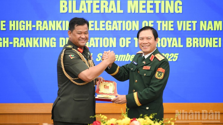 Đại tướng Nguyễn Tân Cương tặng quà lưu niệm Tư lệnh Quân đội Hoàng gia Brunei Dato Paduka Seri Haji Muhammad Haszaimi Bin Bol Hassan. (Ảnh: THẾ ĐẠI) ndo_br_hop-bao-0104-8970.jpg
