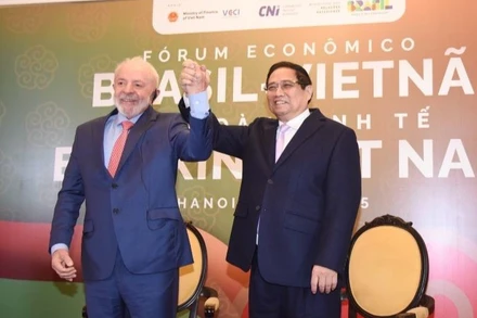 Thủ tướng Phạm Minh Chính và Tổng thống Brazil Luiz Inácio Lula da Silva tham dự Diễn đàn kinh tế Việt Nam-Brazil diễn ra ngày 29/3/2025 tại Hà Nội. (Ảnh: TRẦN HẢI)