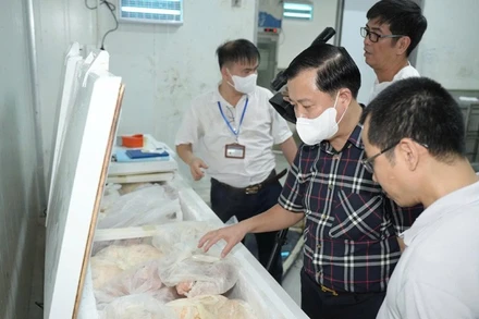 Các cơ quan chức năng kiểm tra công tác bảo đảm an toàn thực phẩm tại các đơn vị sản xuất, kinh doanh trên địa bàn Hà Nội. (Ảnh: THANH BÌNH)