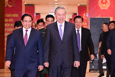 Thủ tướng Phạm Minh Chính đón Tổng Bí thư Tô Lâm đến dự Lễ kỷ niệm 80 năm Thành lập Chính phủ. 