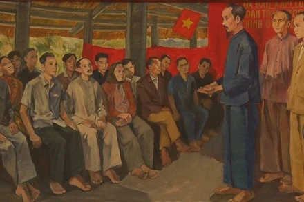 Chủ tịch Hồ Chí Minh nói chuyện với đại biểu Quốc dân Đại hội tại Đình Tân Trào. (Tranh sơn dầu: Họa sĩ Cao Thương)